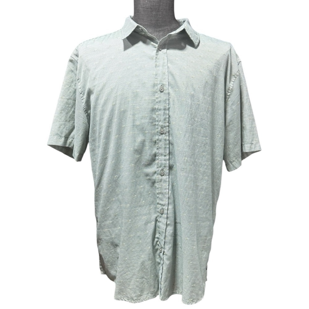 Prana Breathe Swiss Dot Slim Fit Striped Button Up Shirt XL Teal Yellow Beachy